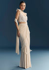 White Ready Pleated Saree With Cutdana Work