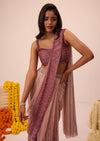 Wine Ombre Sequin Pleated Saree With Cowl Blouse