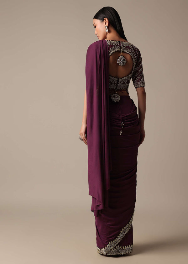 Wine Readymade Saree With Embellished Blouse