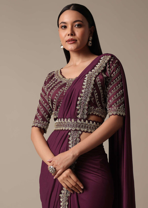 Wine Readymade Saree With Embellished Blouse