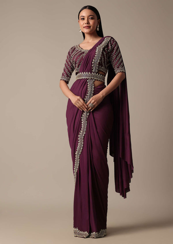 Wine Readymade Saree With Embellished Blouse