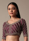 Wine Readymade Saree With Embellished Blouse