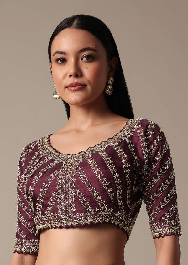 Wine Readymade Saree With Embellished Blouse