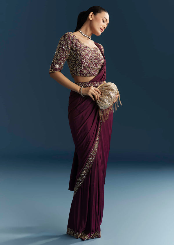Wine Lycra Ready Pleated Saree With Cutdana Work