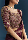 Wine Lycra Ready Pleated Saree With Cutdana Work