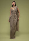 Wood Smoke Ready-Pleated Saree In Shimmer Crush, Paired With The Crop Top In Sleeveless With A Sweetheart Neckline