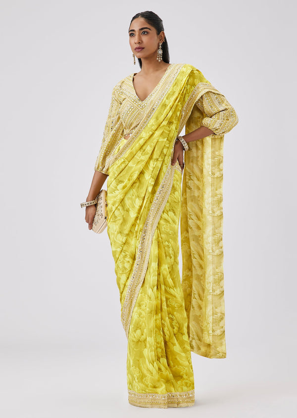 Yellow Floral Ready Pleated Saree Wtih Sequined Blouse