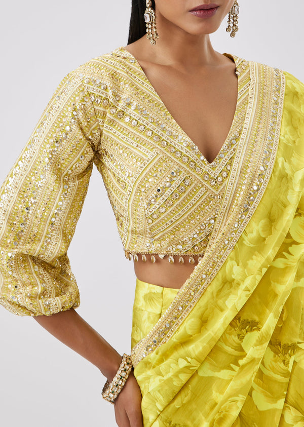 Yellow Floral Ready Pleated Saree Wtih Sequined Blouse