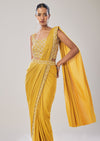 Yellow Ready Pleated Saree With Belt
