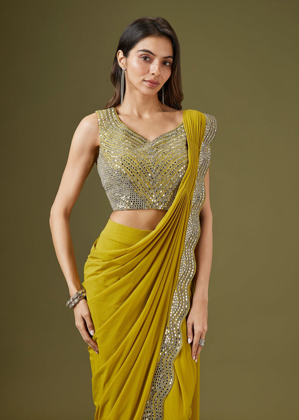 Yellow Ready Pleated Saree With Mirror Embellished Blouse
