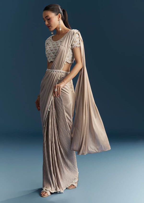 Rose Gold Ready Pleated Saree With Moti Work