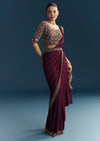 Wine Lycra Ready Pleated Saree With Cutdana Work