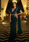 Bottle Green Readymade Saree With A Colorful Hand Embroidered Blouse With Fancy Layered Frill Sleeves