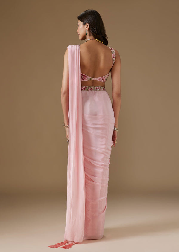 Baby Pink Crepe Ready Pleated Saree With Embellished Blouse