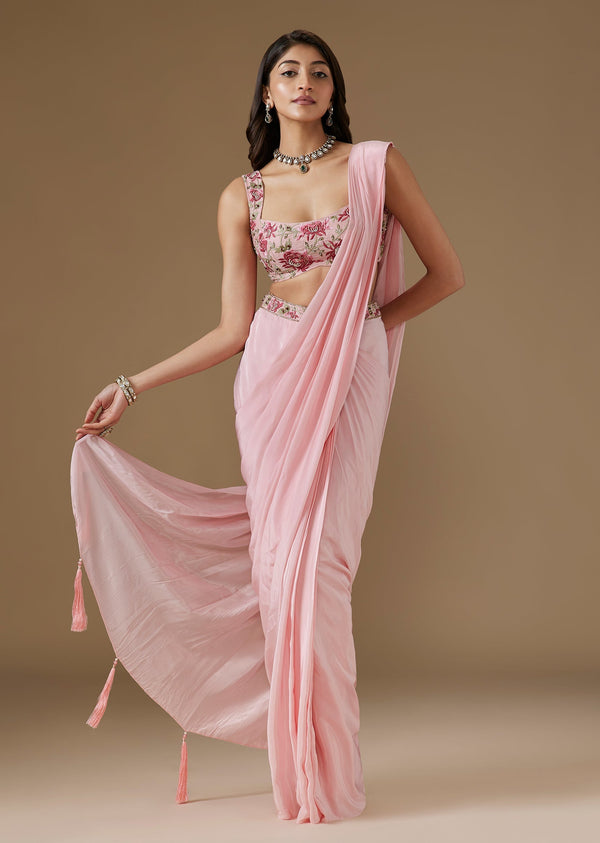 Baby Pink Crepe Ready Pleated Saree With Embellished Blouse