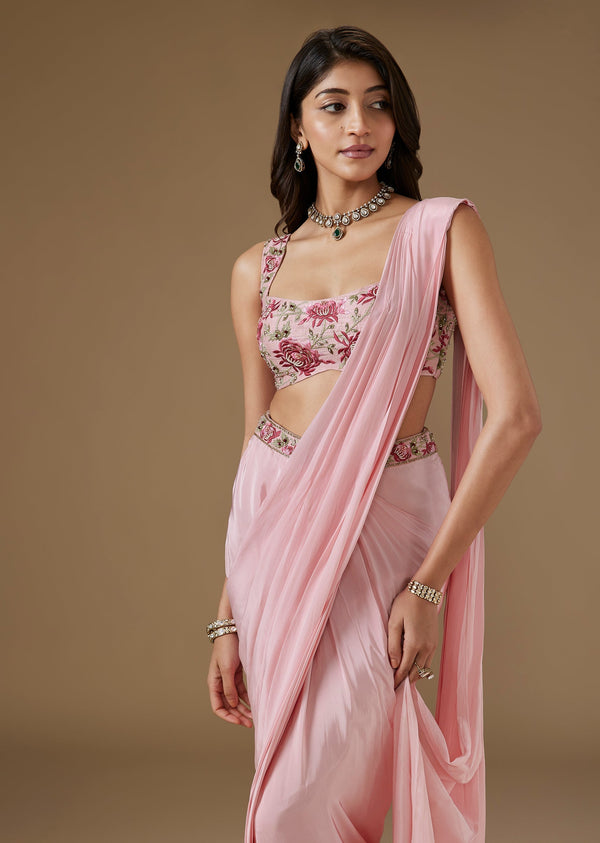 Baby Pink Crepe Ready Pleated Saree With Embellished Blouse