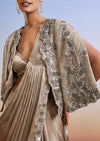 Beige Embroidered Ready Pleated Saree With Cape Jacket