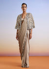 Beige Embroidered Ready Pleated Saree With Cape Jacket