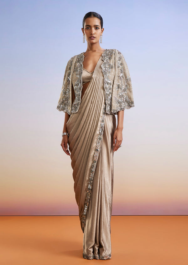 Beige Embroidered Ready Pleated Saree With Cape Jacket
