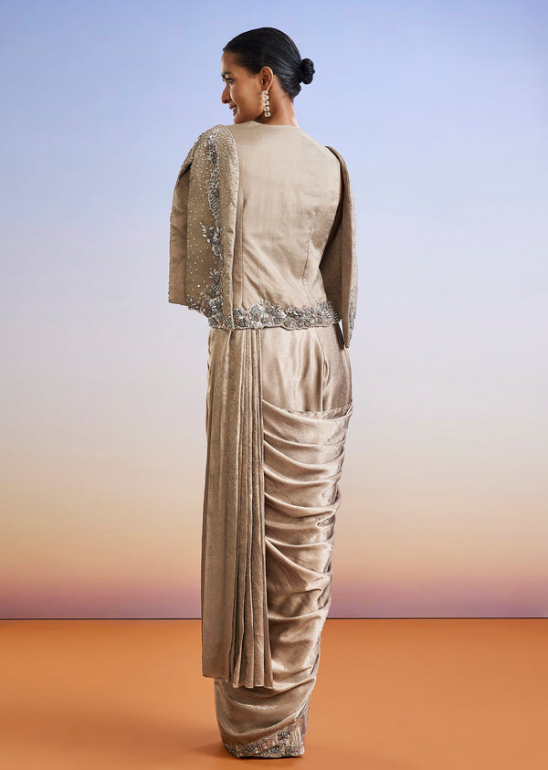 Beige Embroidered Ready Pleated Saree With Cape Jacket