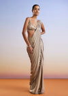 Beige Embroidered Ready Pleated Saree With Cape Jacket