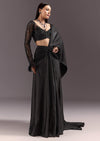 Black 3D Patchwork Cutdana Drape Saree With Sleeveless Overlap Blouse