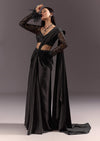 Black 3D Patchwork Cutdana Drape Saree With Sleeveless Overlap Blouse