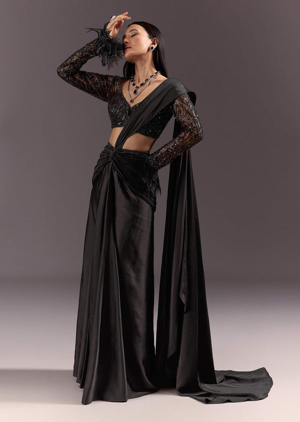 Black 3D Patchwork Cutdana Drape Saree With Sleeveless Overlap Blouse