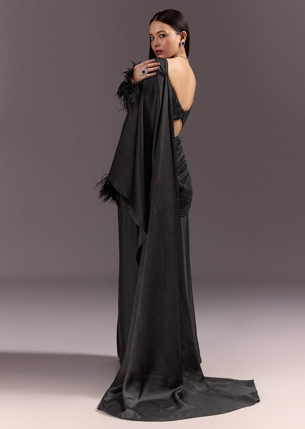 Black 3D Patchwork Cutdana Drape Saree With Sleeveless Overlap Blouse