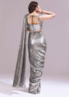 Black And Grey Ready Pleated Sequins Saree Set With Cowl Neck Blouse