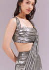 Black And Grey Ready Pleated Sequins Saree Set With Cowl Neck Blouse