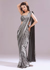 Black And Grey Ready Pleated Sequins Saree Set With Cowl Neck Blouse