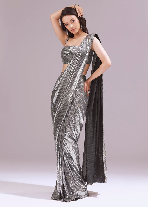 Black And Grey Ready Pleated Sequins Saree Set With Cowl Neck Blouse