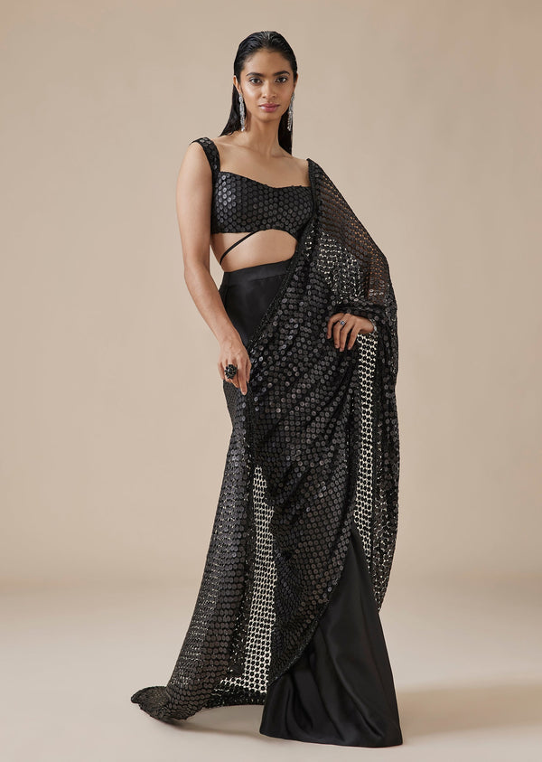 Black Embellished Ready Pleated Cocktail Saree