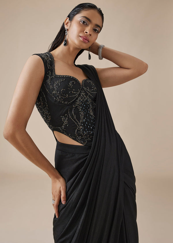 Black Embellished Ready Pleated Saree With Corset Blouse
