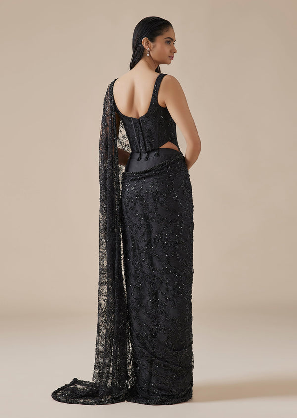 Black Embellished Ready Pleated Saree With Tikki Detailing