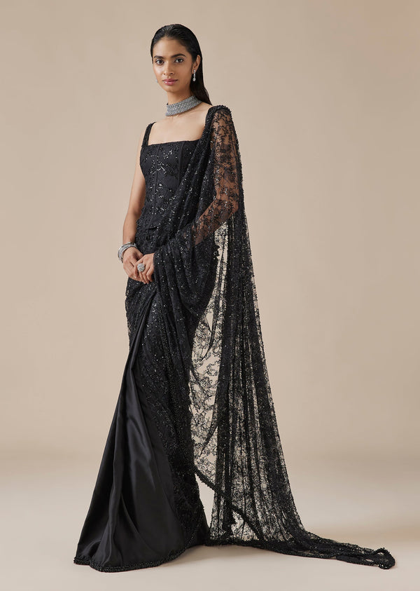 Black Embellished Ready Pleated Saree With Tikki Detailing