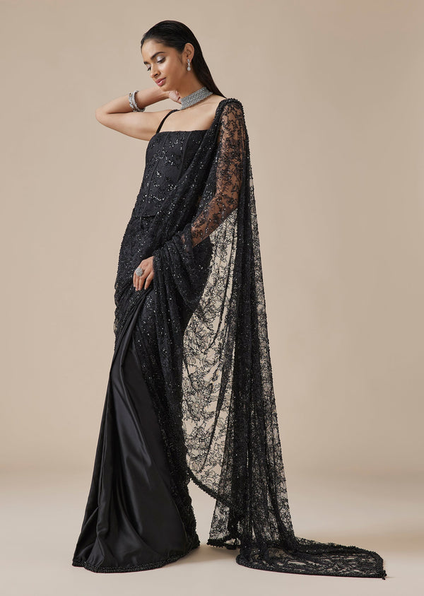 Black Embellished Ready Pleated Saree With Tikki Detailing