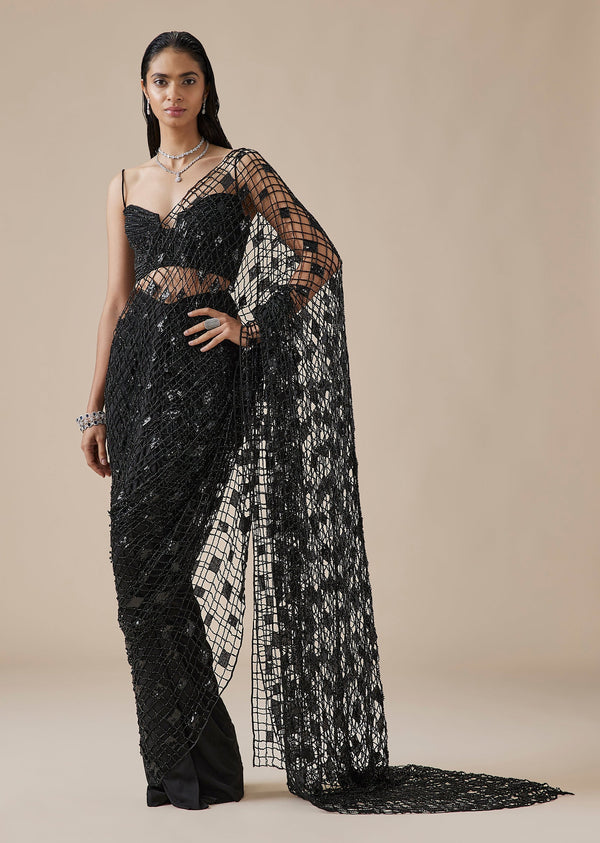 Black Geometric Crystal Ready Pleated Saree