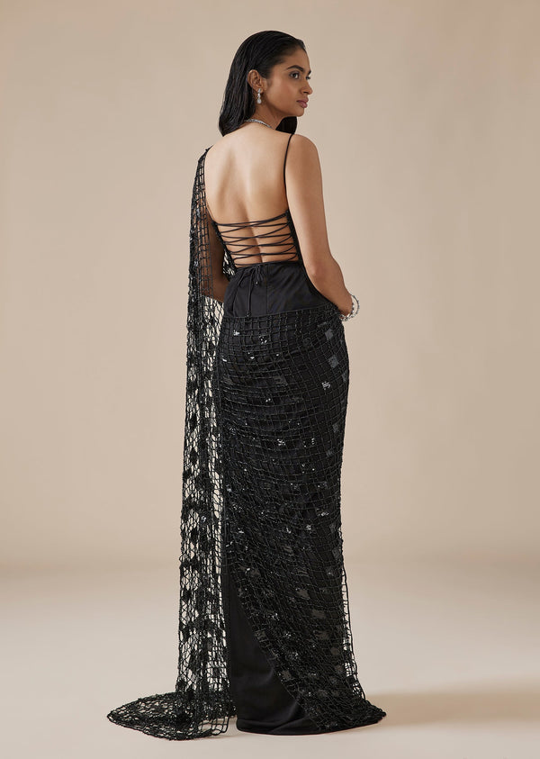 Black Geometric Crystal Ready Pleated Saree