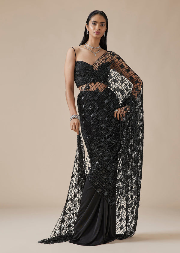 Black Geometric Crystal Ready Pleated Saree