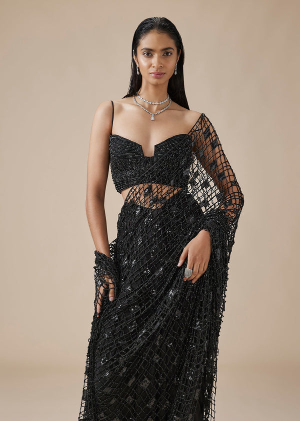 Black Geometric Crystal Ready Pleated Saree
