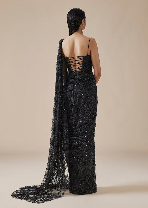 Black Lace Ready Pleated Saree With Corset Blouse