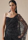 Black Lace Ready Pleated Saree With Corset Blouse