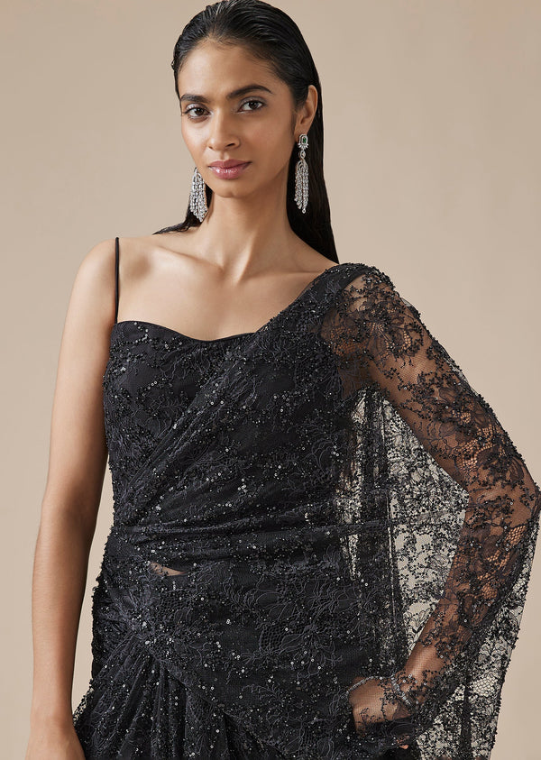 Black Lace Ready Pleated Saree With Corset Blouse