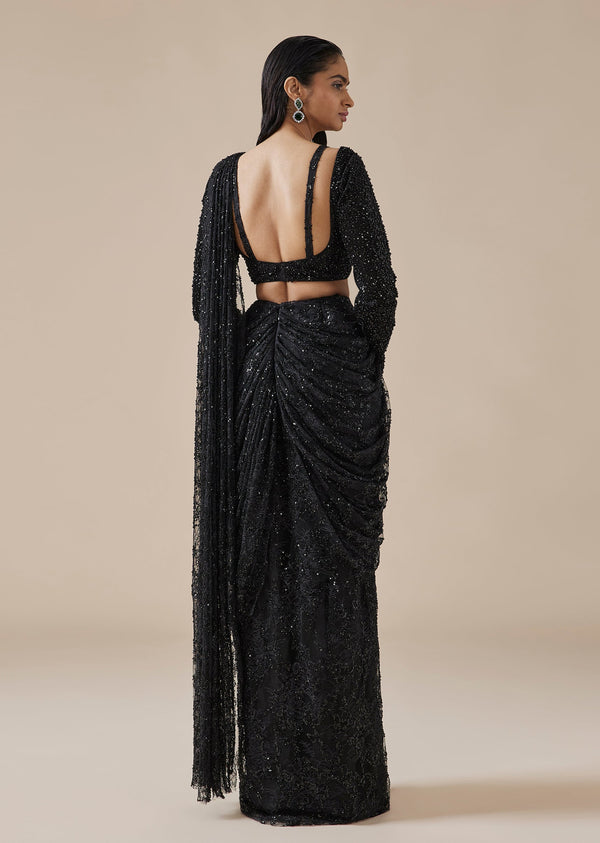 Black Lace Ready Pleated Saree With Full Sleeve Blouse