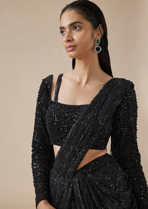 Black Lace Ready Pleated Saree With Full Sleeve Blouse