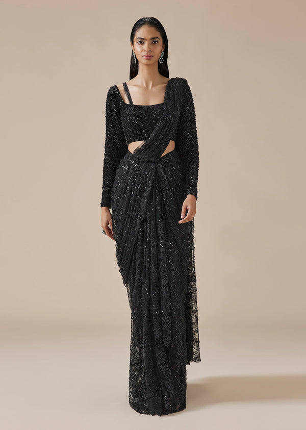 Black Lace Ready Pleated Saree With Full Sleeve Blouse