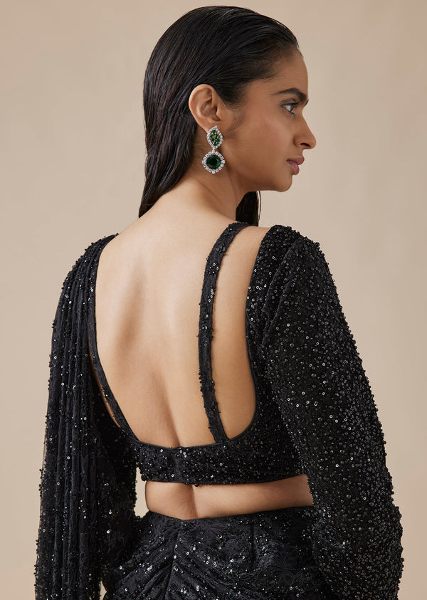 Black Lace Ready Pleated Saree With Full Sleeve Blouse