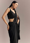 Black Lycra Ready Pleated Saree With Embroidery And Matching Blouse
